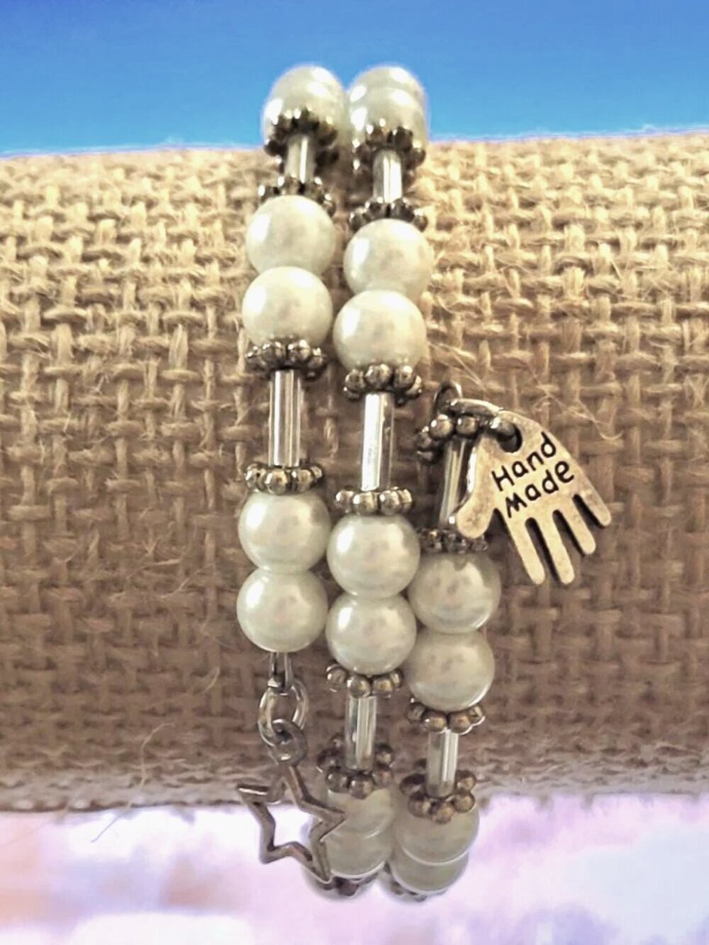 White Beads with Decorative Gold Dividers Clear Separators Wrist Wrap